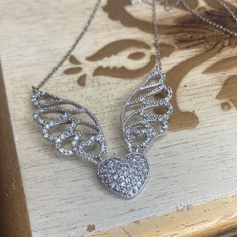 Delicate Diamond and Silver Heart with Wings Necklace